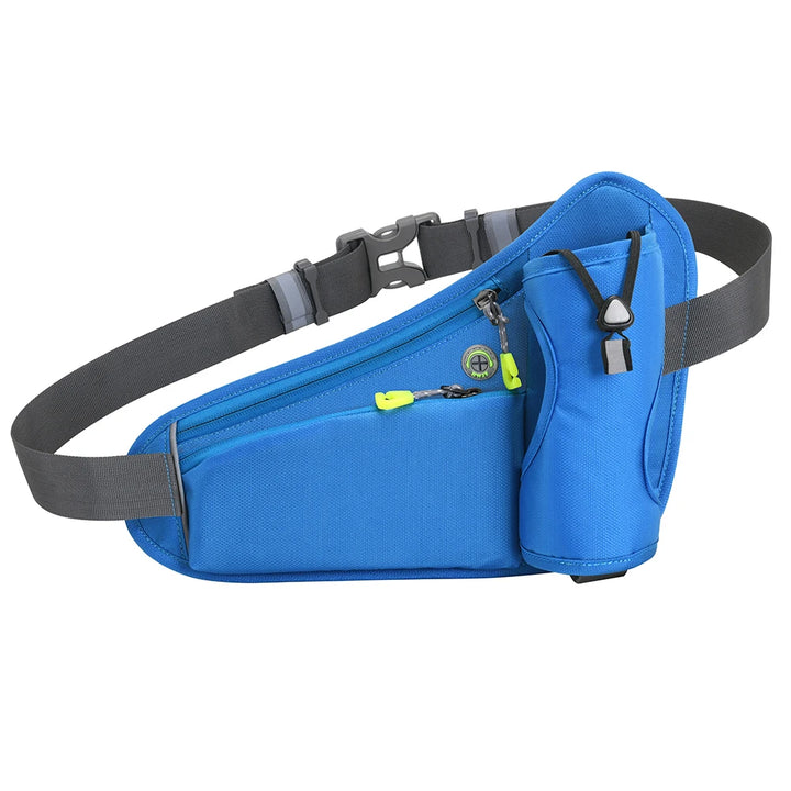 Hidratação Pochete para Corrida Shunmaii azul, vista frontal sem garrafa, detalhes em cinza e zíperes coloridos, ideal para atletas urbanno