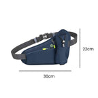 Cinto de Hidratação Pochete para Corrida Shunmaii cinza, exibindo suas dimensões de 30cm de comprimento e 22cm de altura, ideal para corredores urbanno