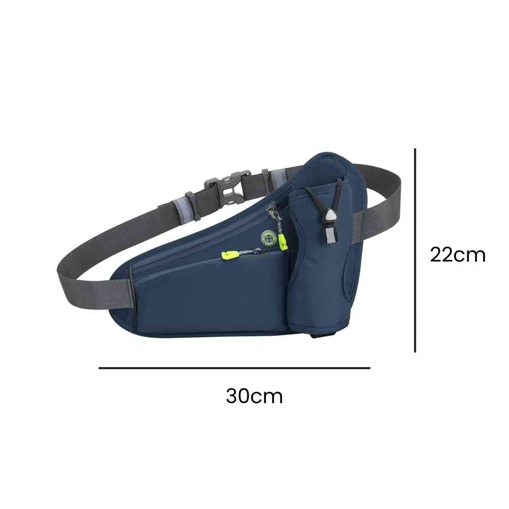 Cinto de Hidratação Pochete para Corrida Shunmaii cinza, exibindo suas dimensões de 30cm de comprimento e 22cm de altura, ideal para corredores urbanno