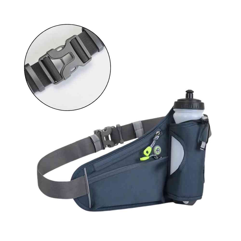 Cinto de Hidratação Pochete para Corrida Shunmaii cinza, vista lateral com garrafa e detalhe ampliado da fivela de ajuste cinza urbanno