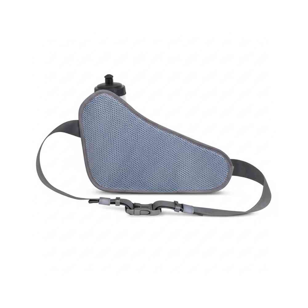 Cinto de Hidratação Pochete para Corrida Shunmaii cinza, vista traseira com painel respirável cinza claro e detalhe da garrafa, mostrando conforto para uso urbanno