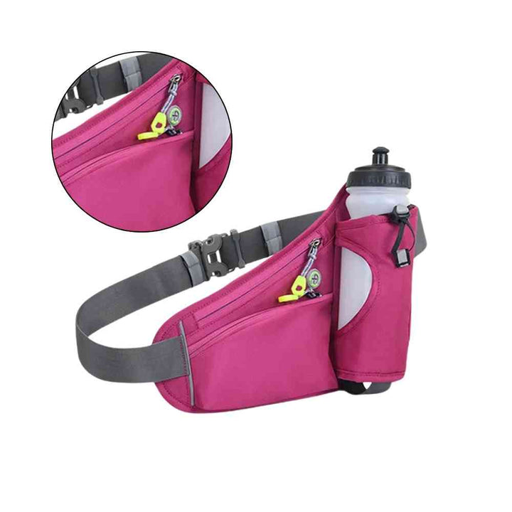 Cinto de Hidratação Pochete para Corrida Shunmaii pink, com close-up do bolso com zíper aberto e puxador verde fluorescente, mostrando praticidade urbanno
