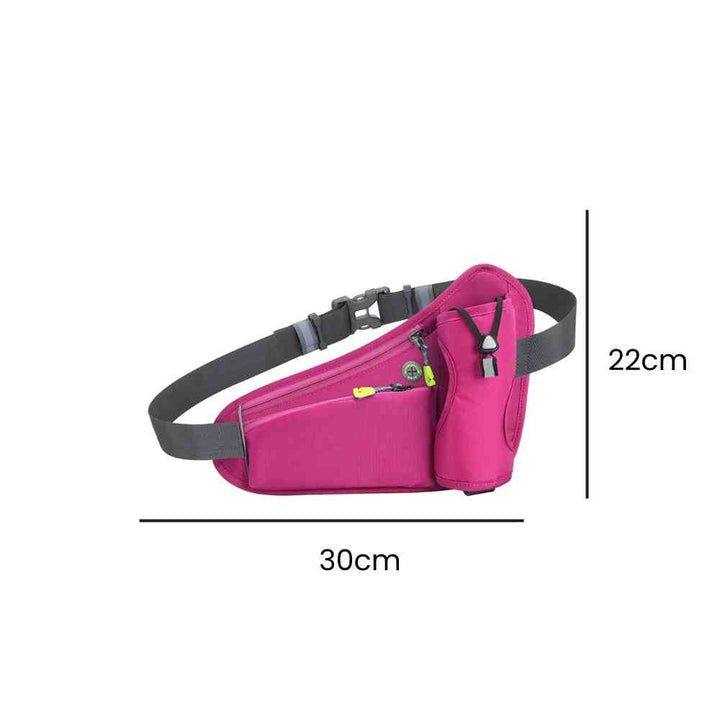 Cinto de Hidratação Pochete para Corrida Shunmaii pink, exibindo suas dimensões de 30cm de comprimento e 22cm de altura, ideal para corredoras urbanno