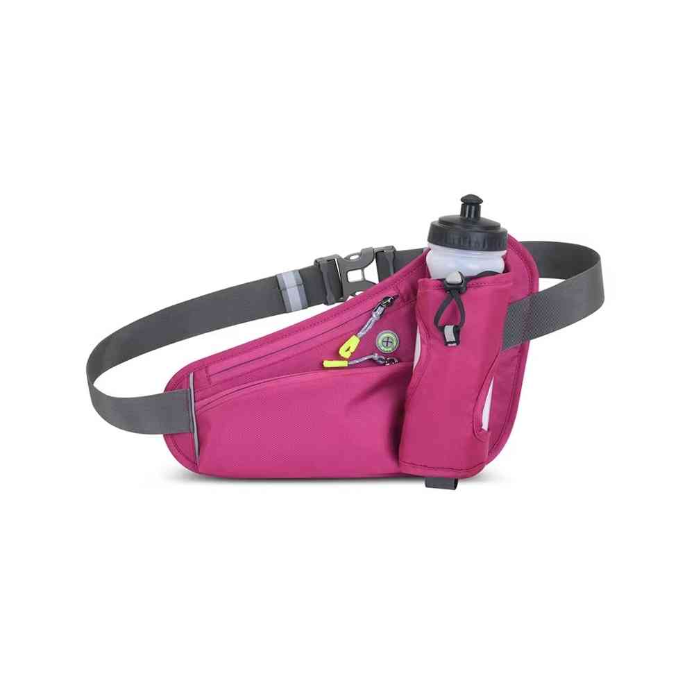 Cinto de Hidratação Pochete para Corrida Shunmaii pink, vista frontal com garrafa, detalhes em cinza e zíperes, ideal para corredoras urbanno