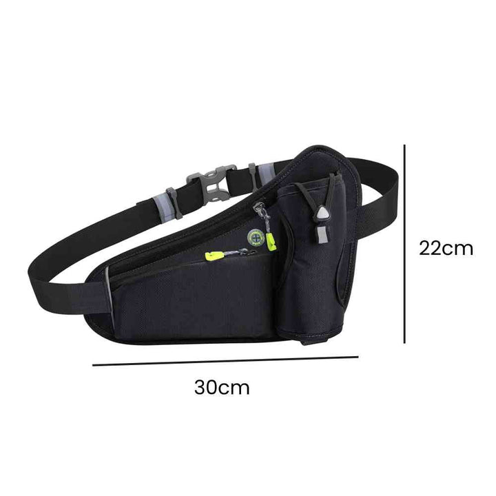Cinto de Hidratação Pochete para Corrida Shunmaii preta, exibindo suas dimensões de 30cm de comprimento e 22cm de altura, com detalhes de zíper e garrafa, ideal para corredores urbanno