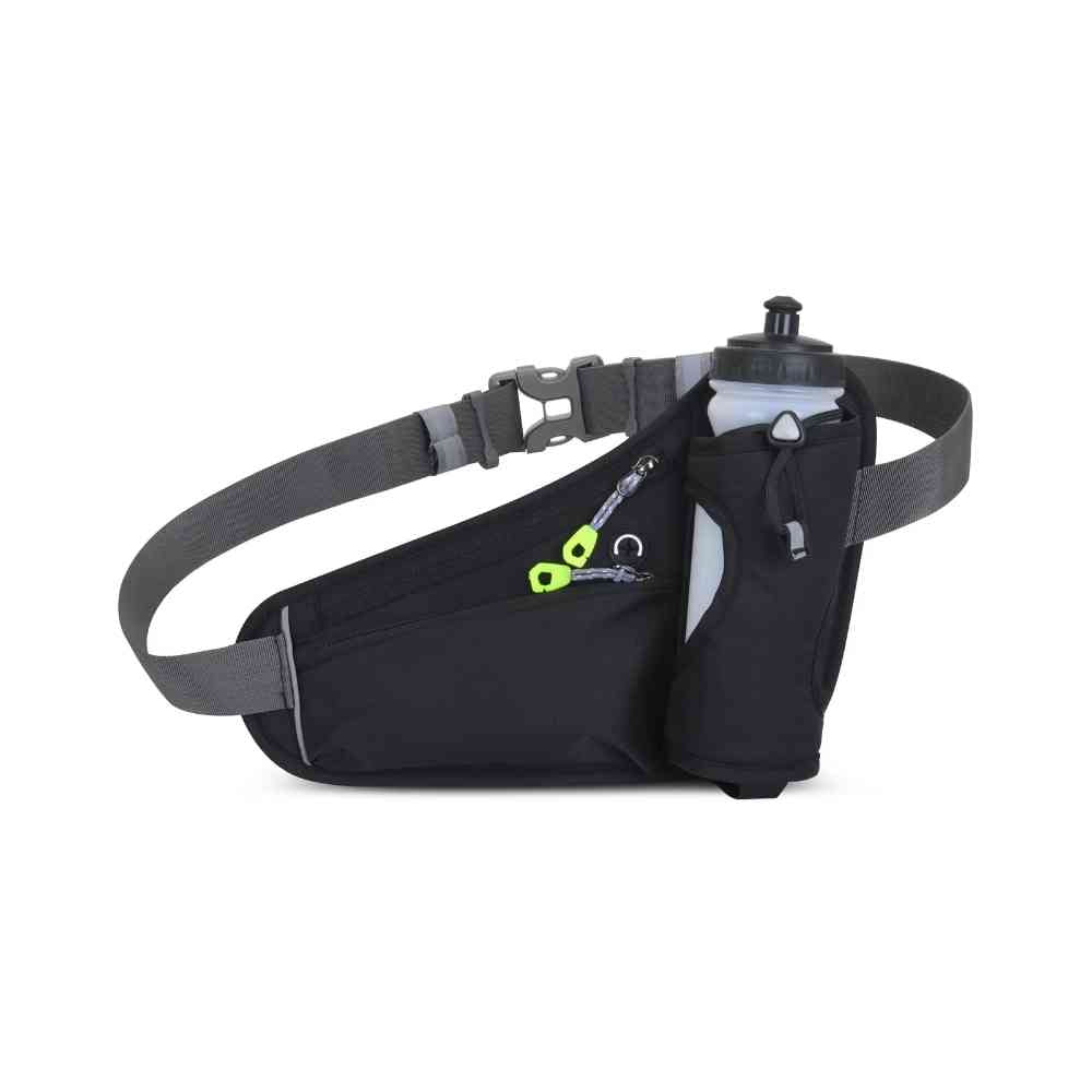 Cinto de Hidratação Pochete para Corrida Shunmaii preta, vista frontal com garrafa, detalhes em cinza e zíperes, ideal para atletas urbanno
