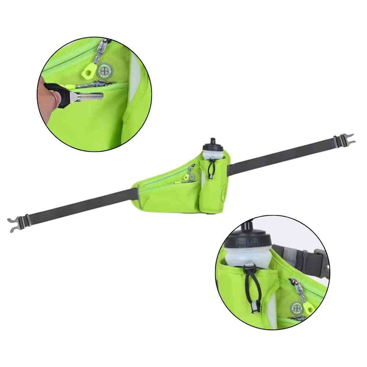 Cinto de Hidratação Pochete para Corrida Shunmaii verde fluorescente, mostrando um close-up do bolso com chaves, o detalhe de fixação da garrafa e a tira ajustável, destacando a praticidade urbanno