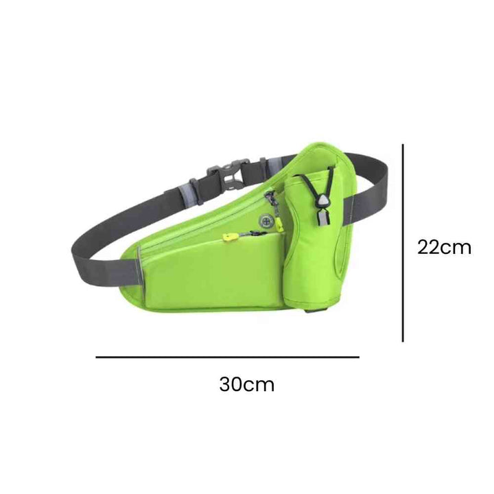 Cinto de Hidratação Pochete para Corrida Shunmaii verde fluorescente, exibindo suas dimensões de 30cm de comprimento e 22cm de altura, com detalhes de zíper e garrafa, ideal para corredores urbanno