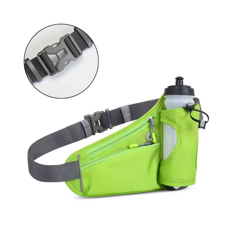 Cinto de Hidratação Pochete para Corrida Shunmaii verde fluorescente, vista lateral com garrafa e detalhe ampliado da fivela de ajuste cinza urbanno
