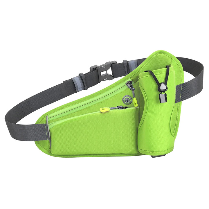 Pochete para Corrida Shunmaii verde fluorescente, vista frontal sem garrafa, detalhes em cinza e zíperes, ideal para visibilidade e segurança de atletas urbanno