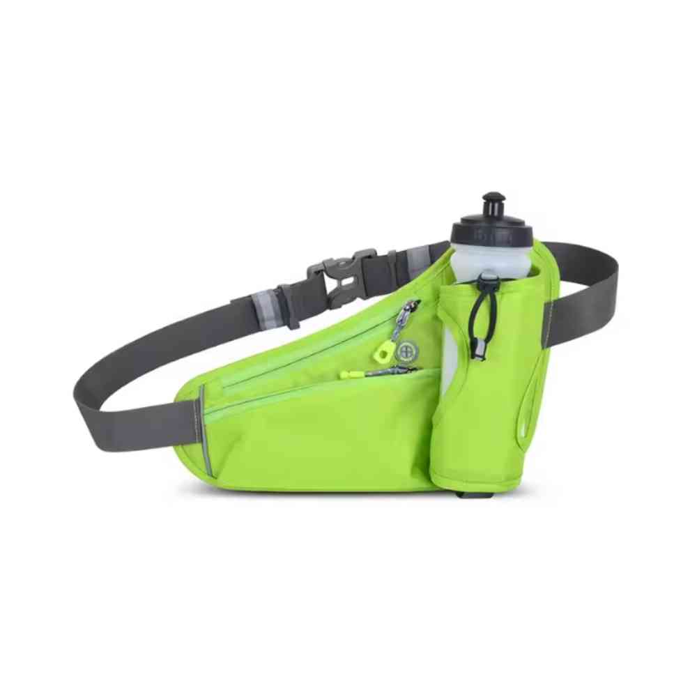 Cinto de Hidratação Pochete para Corrida Shunmaii verde fluorescente, vista frontal com garrafa, detalhes em cinza e zíperes, ideal para visibilidade e segurança de atletas urbanno