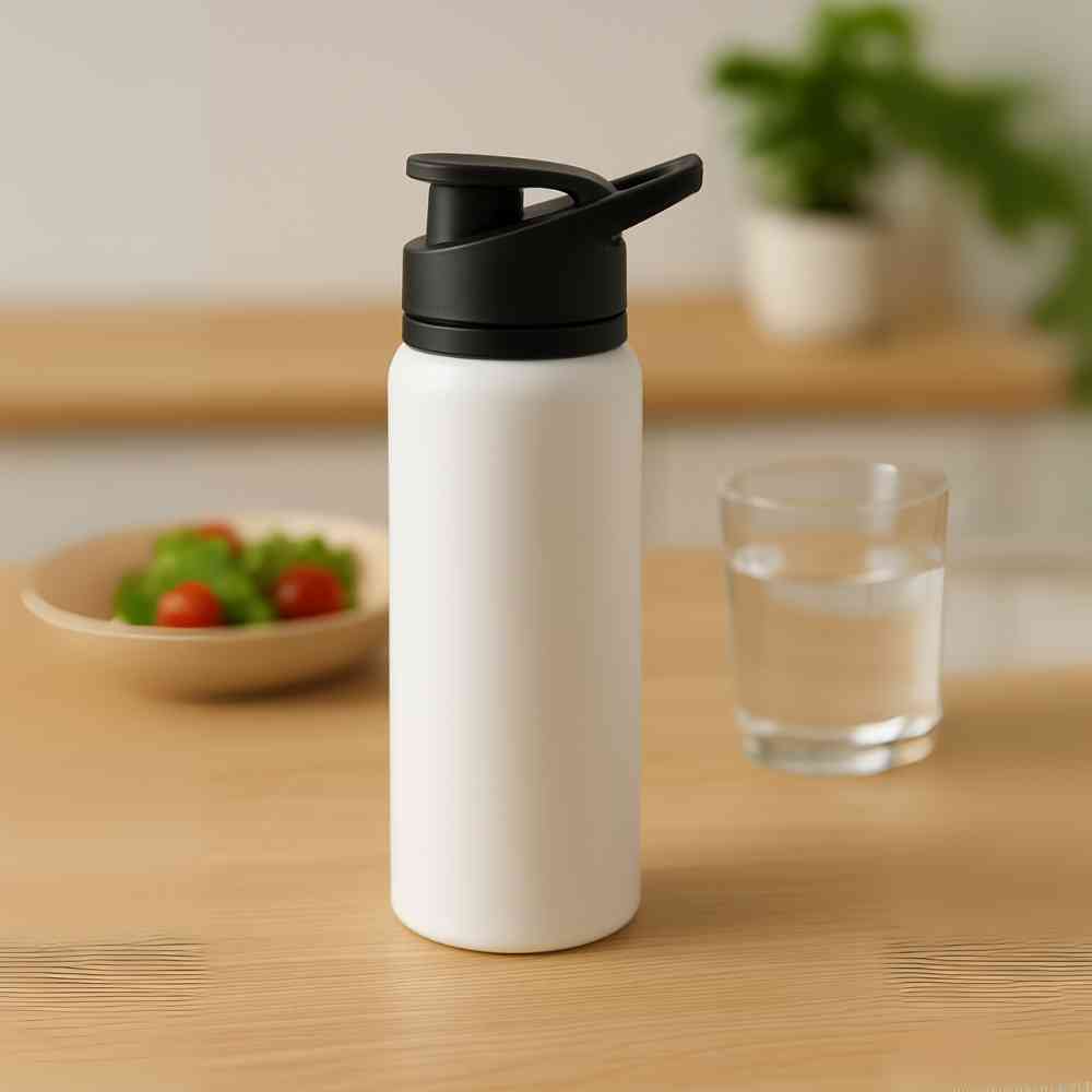 Garrafa de Academia e Hidratação em Alumínio 600ml Urbanno branca, em bancada de madeira com copo de água e tigela de salada ao fundo, sugerindo uso diário