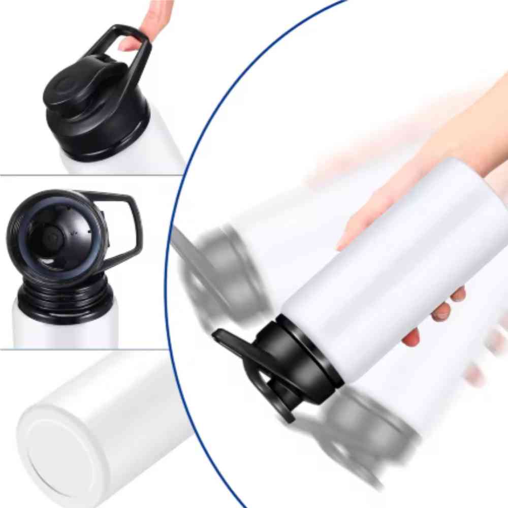 Garrafa de Academia e Hidratação em Alumínio 600ml Urbanno branca, mostrando detalhes do bico flip-top, da base e a leveza sendo demonstrada por um movimento borrado da garrafa na mão