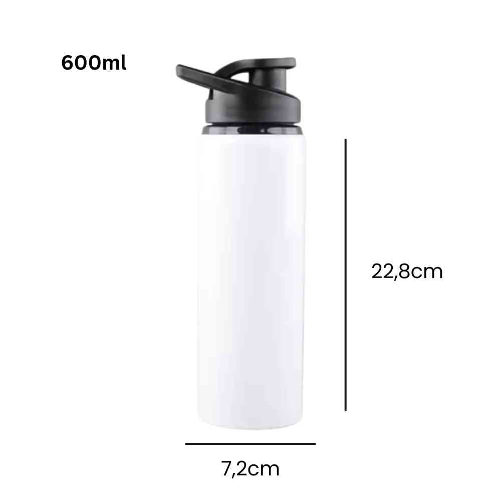 Garrafa de Academia e Hidratação em Alumínio 600ml Urbanno branca, exibindo suas dimensões de 22,8cm de altura e 7,2cm de diâmetro