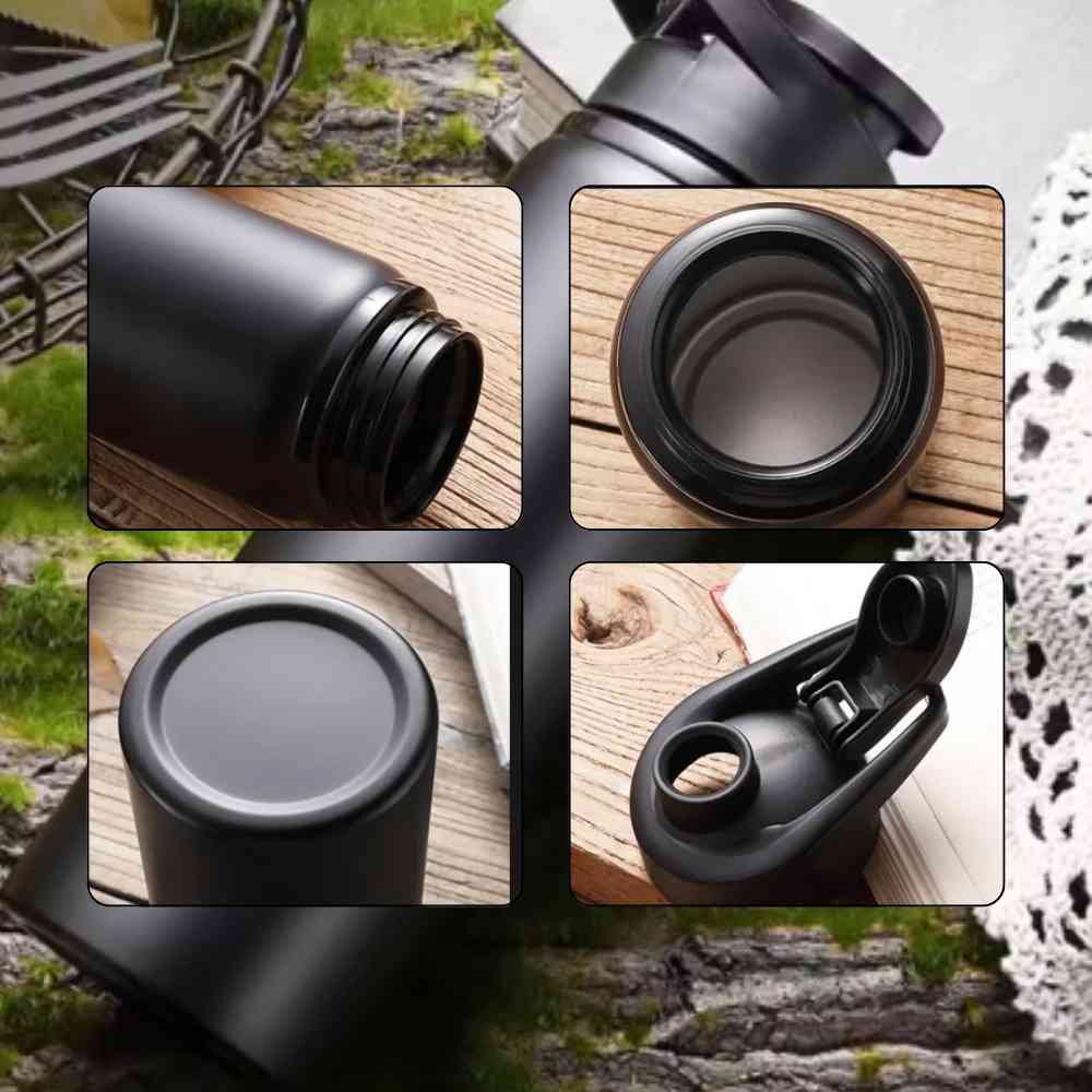 Garrafa de Academia e Hidratação em Alumínio 600ml Urbanno preta, mostrando detalhes do bocal, rosca, base e tampa interna com bico para vedação