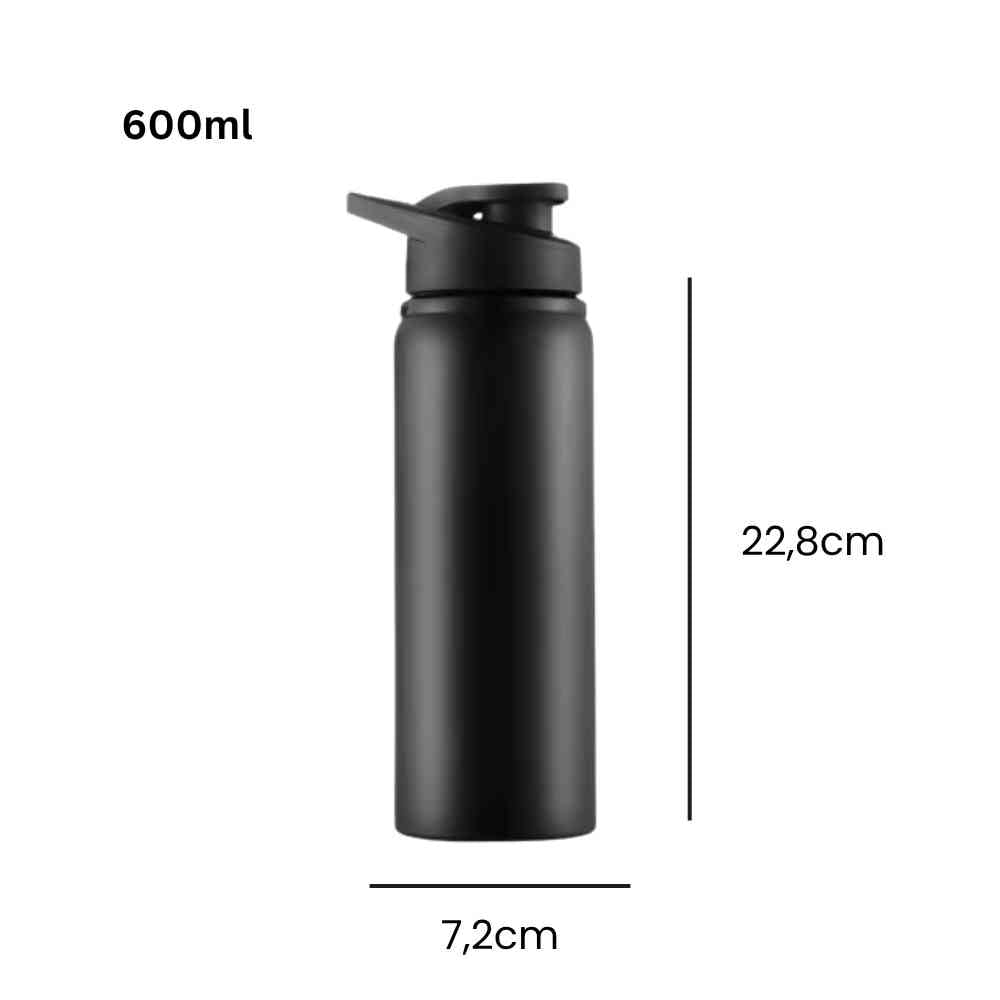 Garrafa de Academia e Hidratação em Alumínio 600ml Urbanno preta, exibindo suas dimensões de 22,8cm de altura e 7,2cm de diâmetro