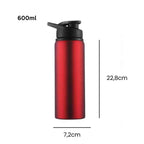 Garrafa de Academia e Hidratação em Alumínio 600ml Urbanno vermelha, exibindo suas dimensões de 22,8cm de altura e 7,2cm de diâmetro