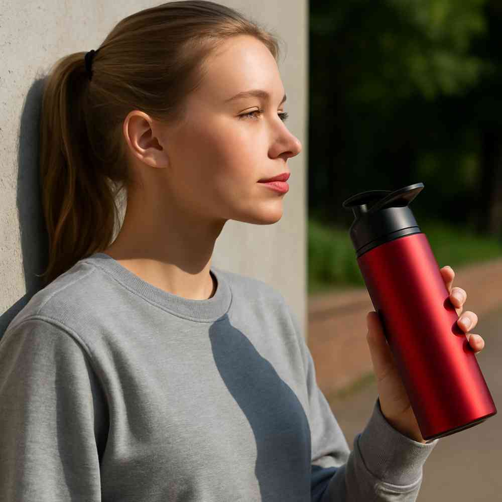 Garrafa de Academia e Hidratação em Alumínio 600ml Urbanno vermelha, sendo segurada por uma mulher em ambiente externo com luz natural