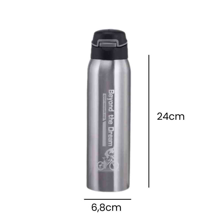 Garrafa de Academia Térmica com Canudo e Alça 500ml Urbanno prata, exibindo suas dimensões de 24cm de altura e 6,8cm de diâmetro, ideal para hidratação em treinos urbanno