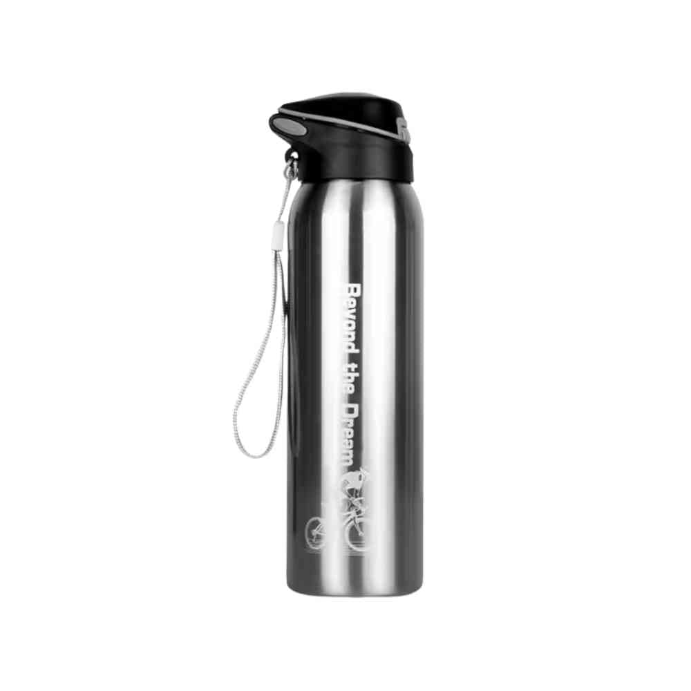 Garrafa de Academia Térmica com Canudo e Alça 500ml Urbanno prata, vista frontal, com tampa preta e detalhe cinza, bico, alça, e estampa "Beyond the Dream" com ciclista, ideal para hidratação em exercícios urbanno