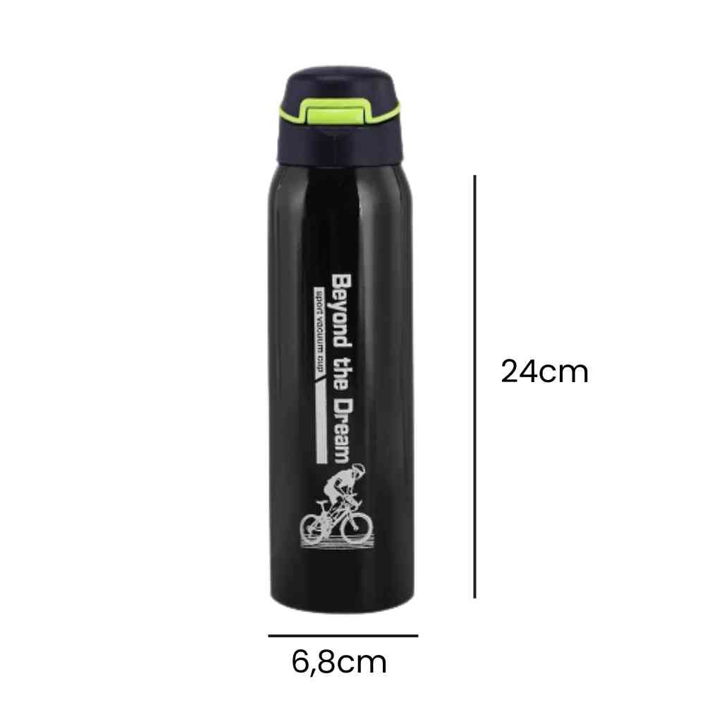 Garrafa de Academia Térmica com Canudo e Alça 500ml Urbanno preta, exibindo suas dimensões de 24cm de altura e 6,8cm de diâmetro, ideal para hidratação em treinos urbanno