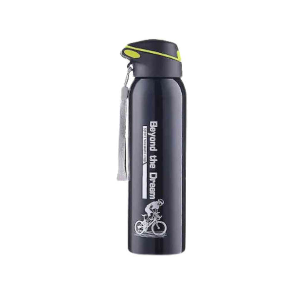Garrafa de Academia Térmica com Canudo e Alça 500ml Urbanno preta, vista frontal, com tampa preta e detalhe verde-limão, bico, alça, e estampa "Beyond the Dream" com ciclista, ideal para hidratação em exercícios urbanno