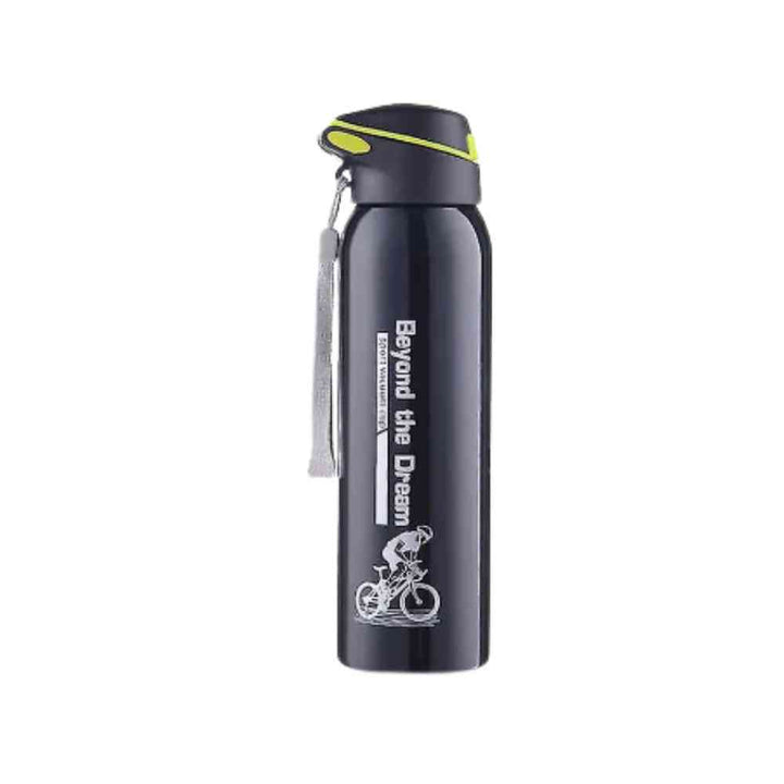 Garrafa de Academia Térmica com Canudo e Alça 500ml Urbanno preta, vista frontal, com tampa preta e detalhe verde-limão, bico, alça, e estampa "Beyond the Dream" com ciclista, ideal para hidratação em exercícios urbanno