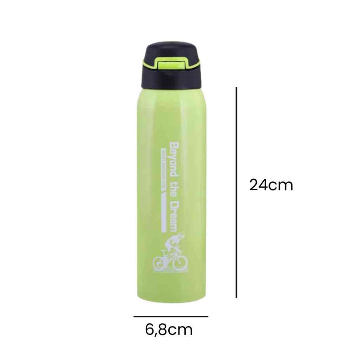 Garrafa de Academia Térmica com Canudo e Alça 500ml Urbanno verde, exibindo suas dimensões de 24cm de altura e 6,8cm de diâmetro, ideal para hidratação em treinos urbanno