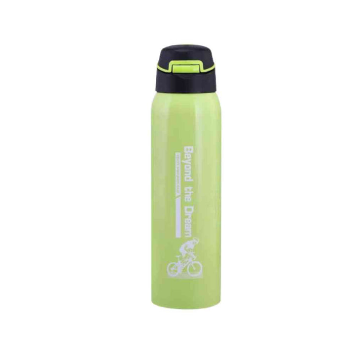 Garrafa de Academia Térmica com Canudo e Alça 500ml Urbanno verde, vista frontal, com tampa preta, bico, alça integrada, e estampa "Beyond the Dream" com ciclista, ideal para hidratação em exercícios urbanno
