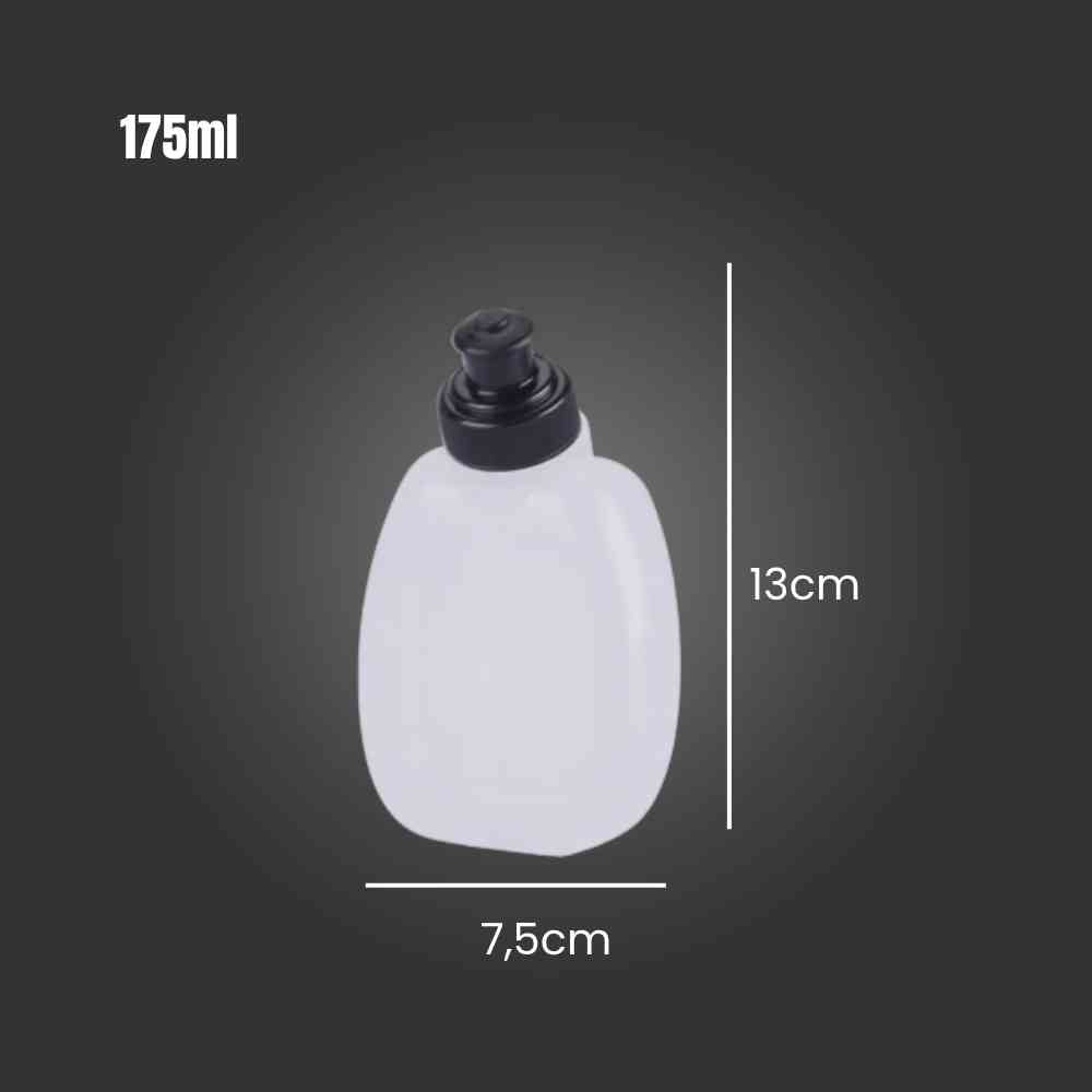 Garrafa de 175ml transparente para Pochete Cinto de Hidratação Urbanno, com linhas indicando suas dimensões de 13cm de altura e 7,5cm de largura, ideal para reposição de líquidos.