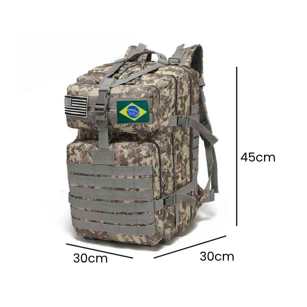 Mochila Exército Militar Tática 50L para Viagem e Expedição ACU (Digital Camo) Urbanno, com linhas indicando suas dimensões de 45cm de altura, 30cm de largura e 30cm de profundidade.