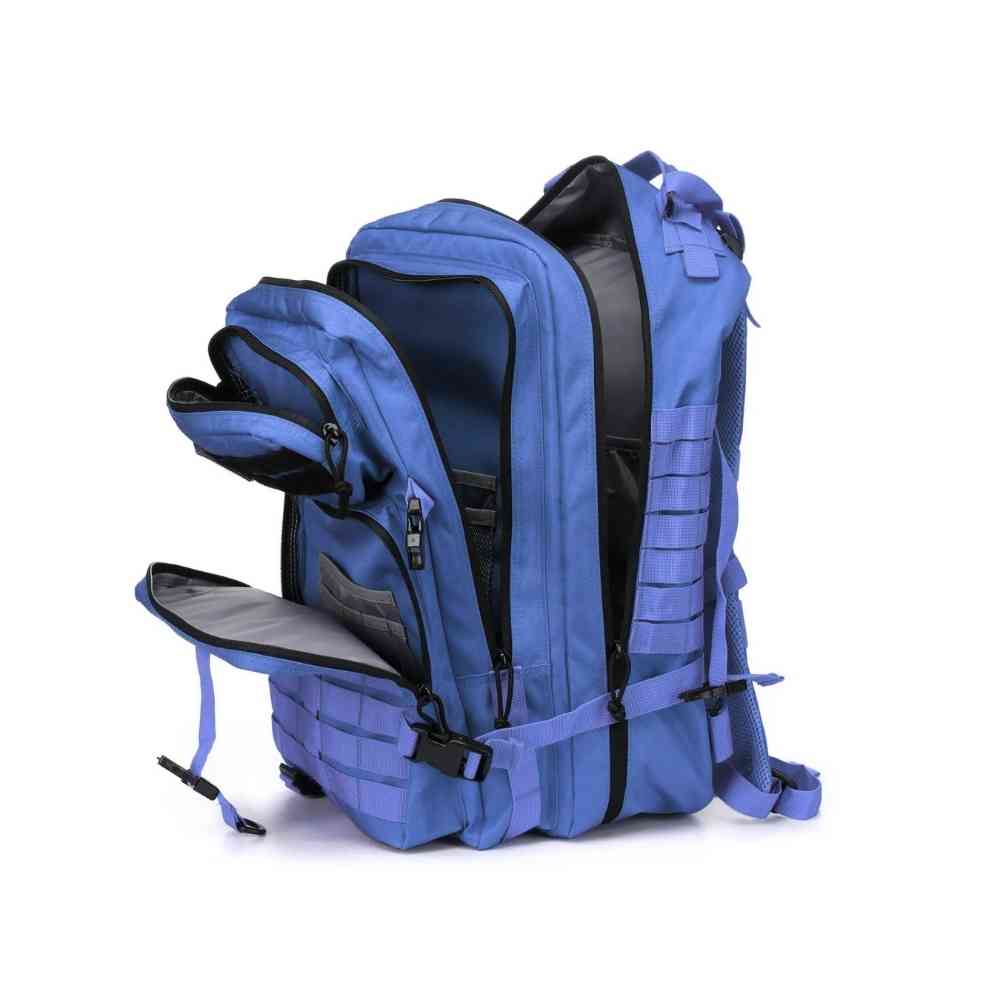 Mochila Exército Militar Tática 50L Azul Urbanno, aberta, exibindo seus múltiplos compartimentos internos, bolsos e divisórias, mostrando a capacidade de organização para diversos itens.