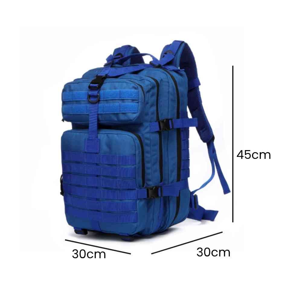 Mochila Exército Militar Tática 50L para Viagem e Expedição Azul Urbanno, com linhas indicando suas dimensões de 45cm de altura, 30cm de largura e 30cm de profundidade.