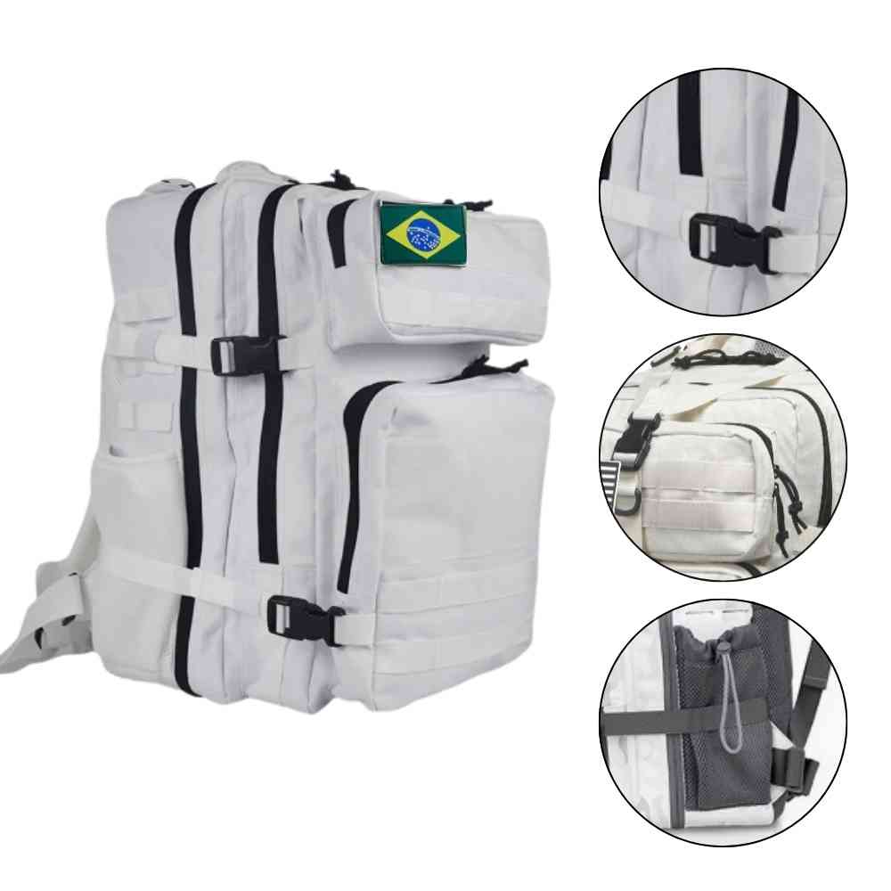 Mochila Exército Militar Tática 50L Branca Urbanno, vista frontal com patch da bandeira dos EUA, e três círculos detalhando as fivelas de compressão, um bolso frontal e o compartimento lateral para garrafa/itens.