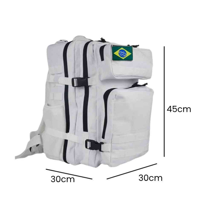 Mochila Exército Militar Tática 50L para Viagem e Expedição Branca Urbanno, com linhas indicando suas dimensões de 45cm de altura, 30cm de largura e 30cm de profundidade.