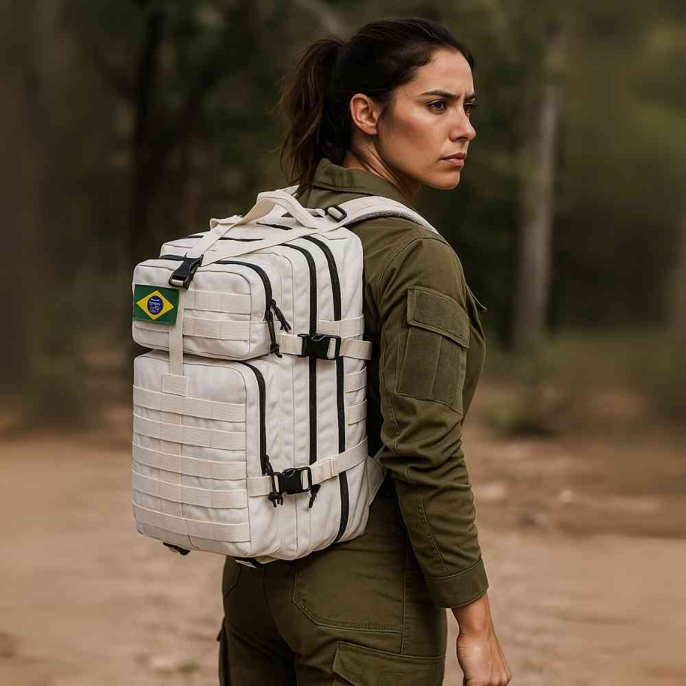 Mochila Exército Militar Tática 50L Branca Urbanno, sendo usada nas costas por uma pessoa de camiseta verde, demonstrando o tamanho e ajuste para expedições ao ar livre.