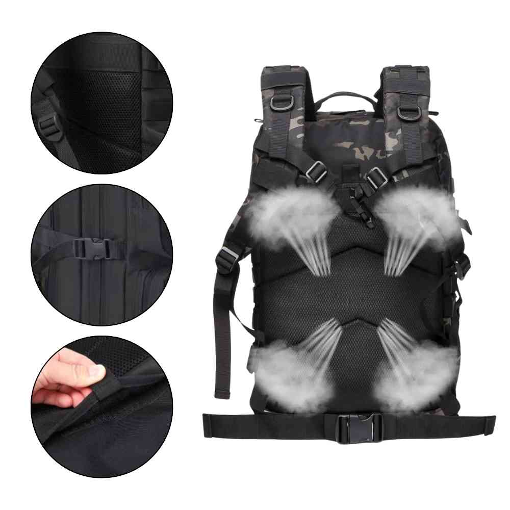 Mochila Exército Militar Tática 50L Camuflagem Preta Urbanno, vista traseira com efeito de ventilação, e três círculos detalhando as alças acolchoadas, a fivela ajustável e o tecido respirável para conforto.