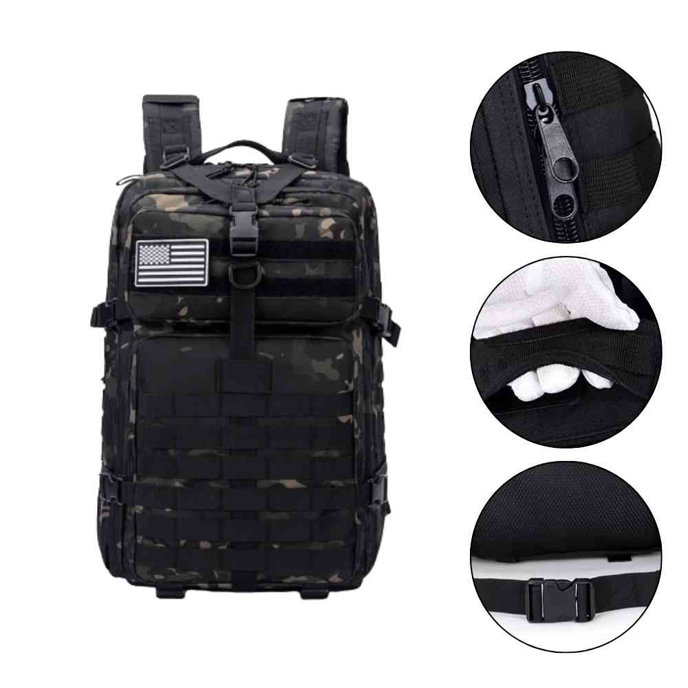 Mochila Exército Militar Tática 50L Camuflagem Preta Urbanno, vista frontal com patch da bandeira dos EUA, e três círculos detalhando: o puxador do zíper, um bolso traseiro oculto e uma fivela de ajuste.