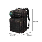 Mochila Exército Militar Tática 50L para Viagem e Expedição Camuflagem Preta Urbanno, com linhas indicando suas dimensões de 45cm de altura, 30cm de largura e 30cm de profundidade.
