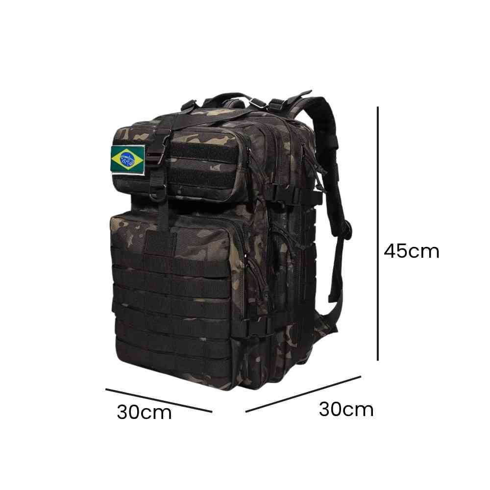 Mochila Exército Militar Tática 50L para Viagem e Expedição Camuflagem Preta Urbanno, com linhas indicando suas dimensões de 45cm de altura, 30cm de largura e 30cm de profundidade.