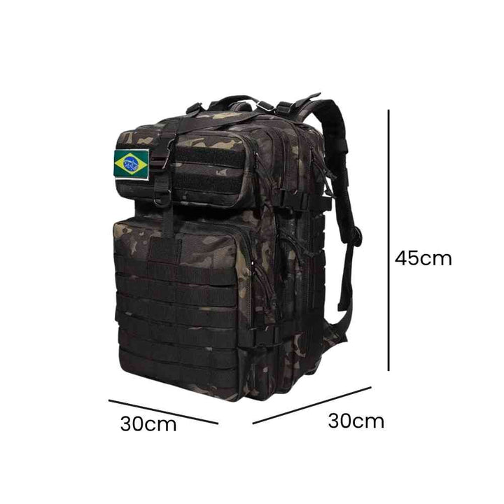 Mochila Exército Militar Tática 50L para Viagem e Expedição Camuflagem Preta Urbanno, com linhas indicando suas dimensões de 45cm de altura, 30cm de largura e 30cm de profundidade.