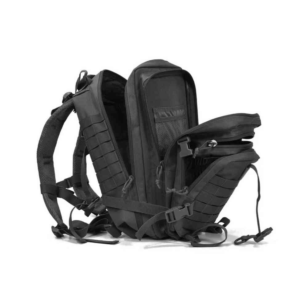 Mochila Exército Militar Tática 50L para Viagem e Expedição Preta Urbanno, aberta, exibindo seus múltiplos compartimentos internos, bolsos e divisórias para organização eficiente.