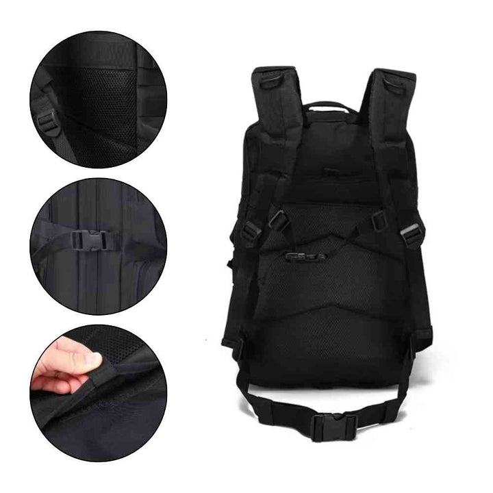 Mochila Exército Militar Tática 50L para Viagem e Expedição Preta Urbanno, vista traseira, com três círculos detalhando as alças acolchoadas, a fivela ajustável e o tecido respirável para maior conforto.