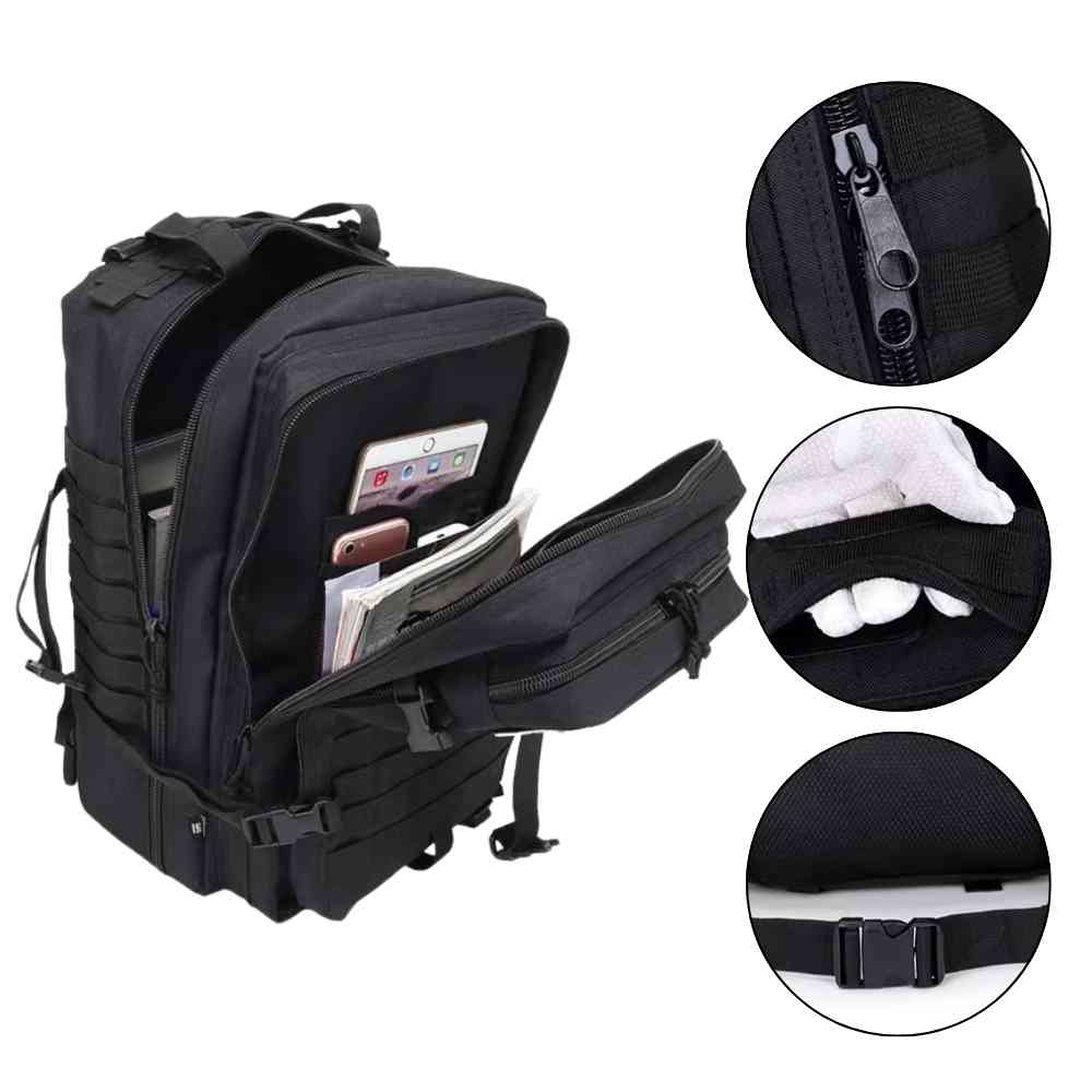 Mochila Exército Militar Tática 50L para Viagem e Expedição Preta Urbanno, parcialmente aberta mostrando bolsos internos com celular e tablet, e três círculos detalhando: o puxador do zíper, um bolso traseiro oculto e uma fivela de ajuste.