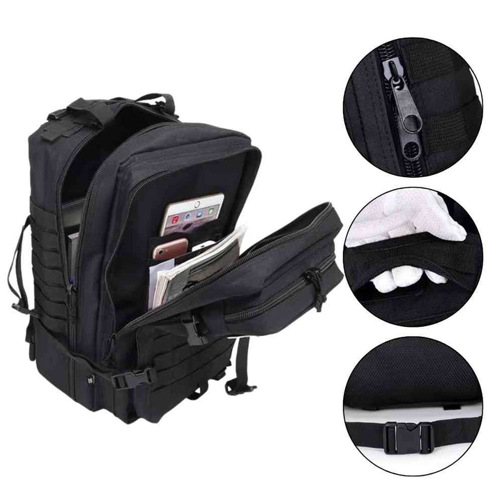 Mochila Exército Militar Tática 50L para Viagem e Expedição Preta Urbanno, parcialmente aberta mostrando bolsos internos com celular e tablet, e três círculos detalhando: o puxador do zíper, um bolso traseiro oculto e uma fivela de ajuste.