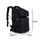 Mochila Exército Militar Tática 50L para Viagem e Expedição Preta Urbanno, com linhas indicando suas dimensões de 45cm de altura, 30cm de largura e 30cm de profundidade.