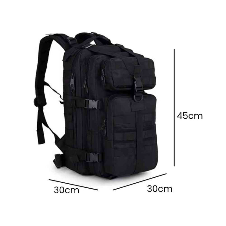 Mochila Exército Militar Tática 50L para Viagem e Expedição Preta Urbanno, com linhas indicando suas dimensões de 45cm de altura, 30cm de largura e 30cm de profundidade.