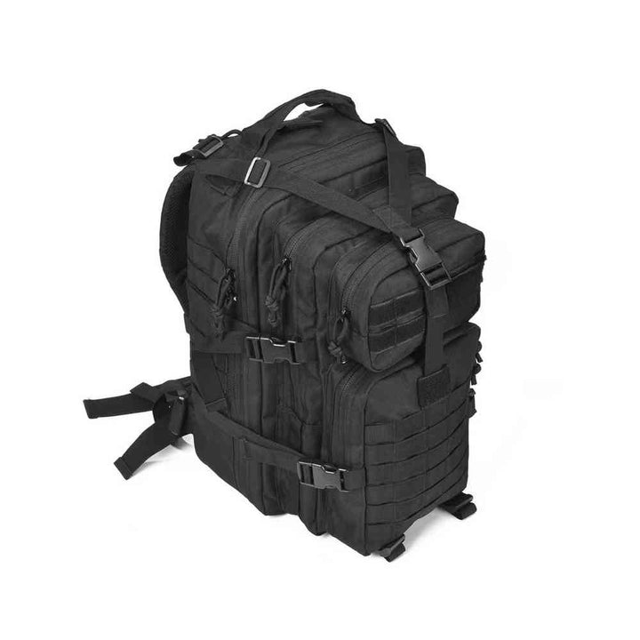 Mochila Exército Militar Tática 50L para Viagem e Expedição Preta Urbanno, vista superior lateral, destacando as alças de compressão, fivelas e o sistema de fitas para acessórios, indicando alta funcionalidade.