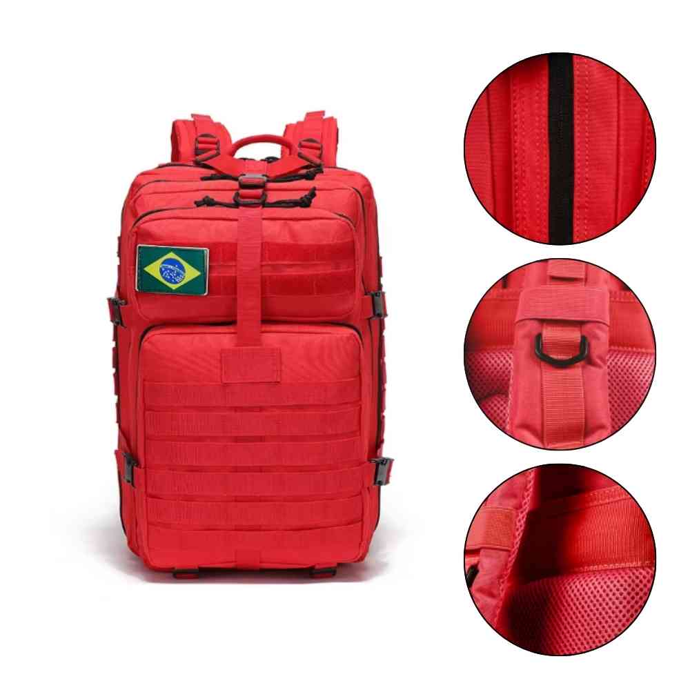 Mochila Exército Militar Tática 50L Vermelha Urbanno, vista frontal com patch da bandeira do Brasil, e três círculos detalhando: zíper reforçado, encaixe da alça e tecido respirável da parte traseira.