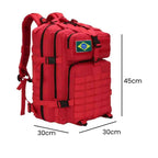Mochila Exército Militar Tática 50L para Viagem e Expedição Vermelha Urbanno, com linhas indicando suas dimensões de 45cm de altura, 30cm de largura e 30cm de profundidade.